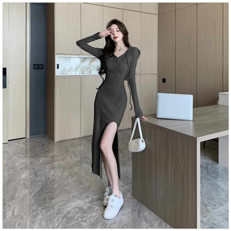 Autumn Fashion Solid Hooded Party Dresses for Women Elegant Birthday Evening Dress Female Sweatshirt Slit Midi Vestidos Mujer - reetell