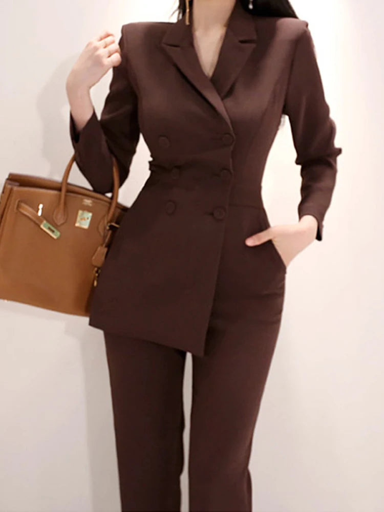 Fashion Elegant Long Jumpsuit Women Professional Chic Notched Collar Double Breasted Pockets Pants Mujer Slim Romper Office Lady