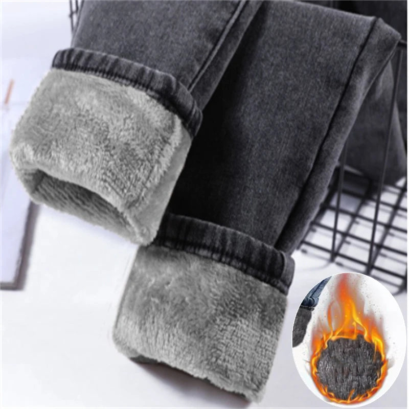 Spring Autumn and Winter Skinny Warm Jeans Women Velvet Ankle Length Casual Thick Pencil Pants Basic Fleece Denim Trousers - reetell