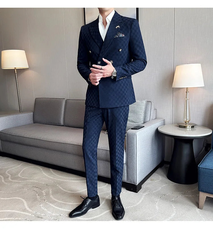 (Jacket+Pants) 2 Pieces Blue Apricot Business Party Men Suits Double Breasted Formal Style Custom Made Wedding Groom Tuxedos - reetell