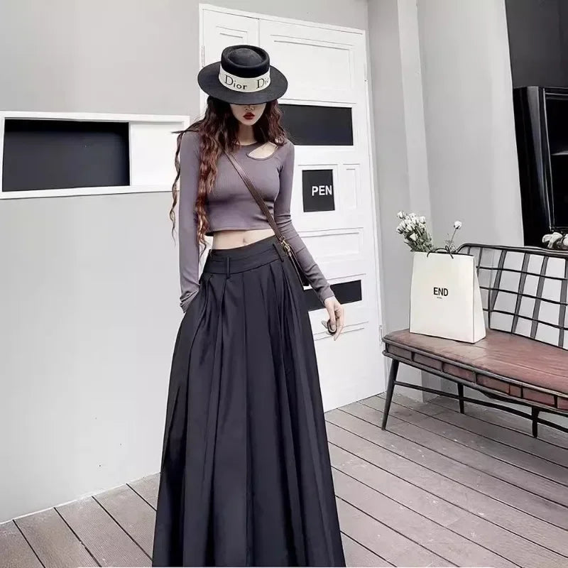 TFETTERS Black Maxi Skirt 2024 Spring/Summer New Low Waist Long Skirts Fashion Retro Casual Pleated Skirts for Women - reetell