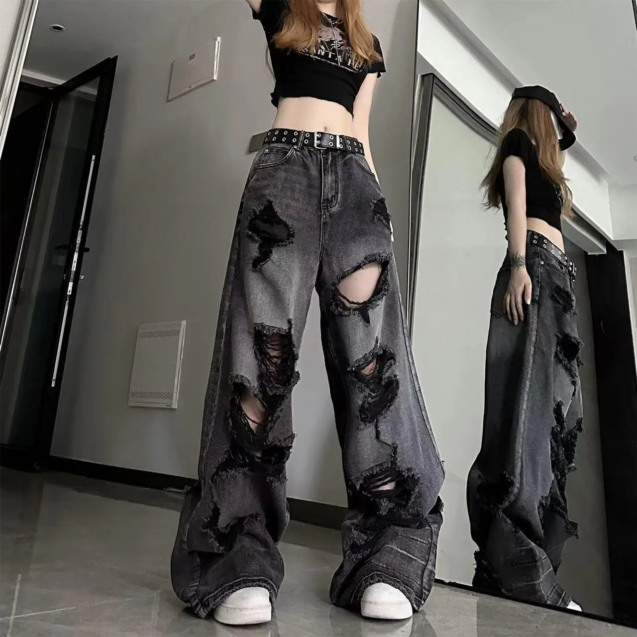 Vintage High Waist Denim Pants Ripped Jeans Women Fashion Loose Wide Leg Straight Pants Y2k Washed Streetwear Female - reetell