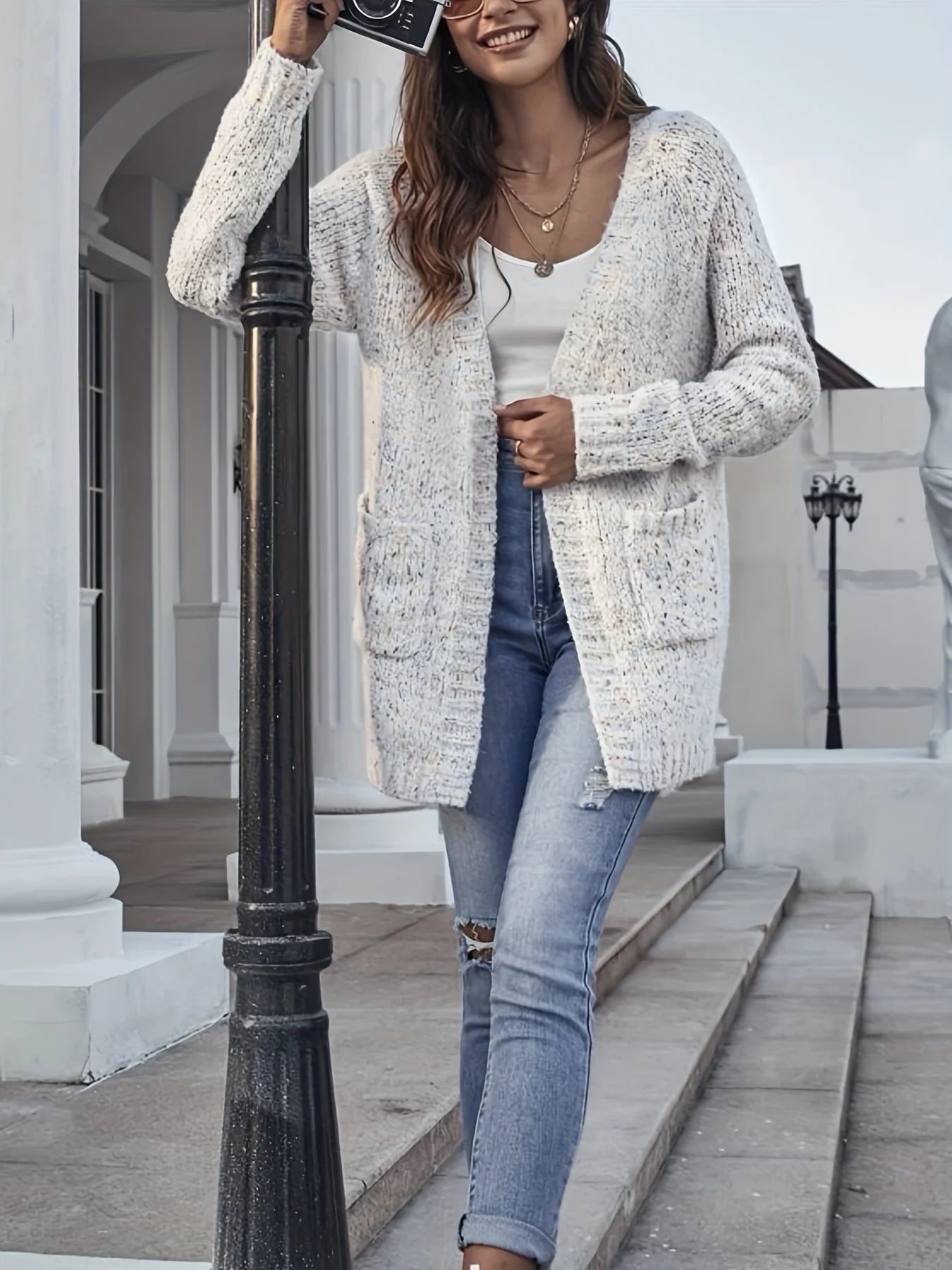 Autumn and winter women fashion temperament lazy style loose knitted cardigan colorful casual pocket jacket - reetell