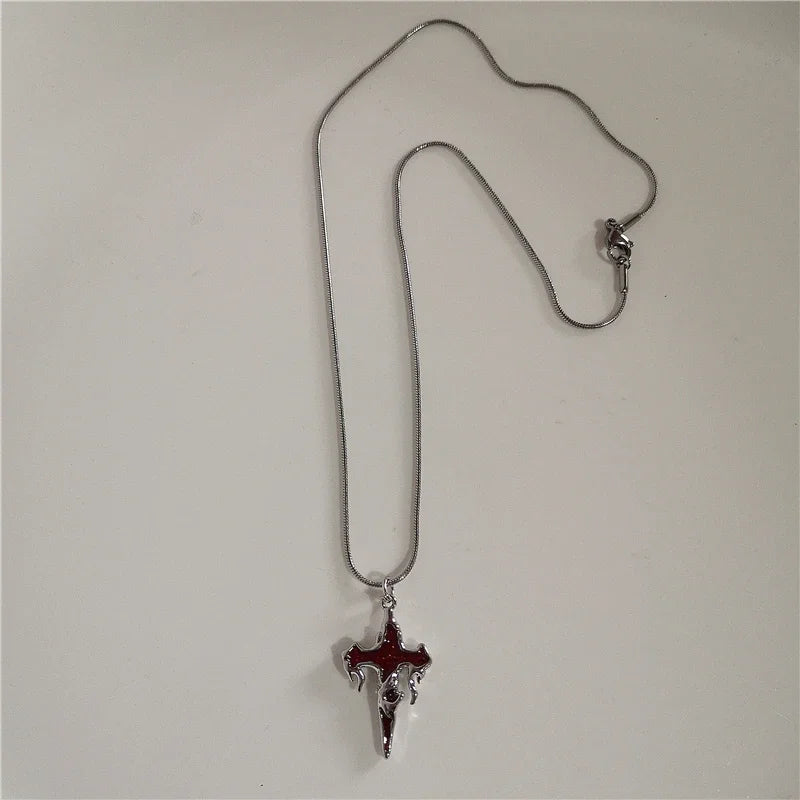 Punk Gothic Red Lava Star Cross Heart Pendant Leather Rope Necklace Women Men Hip Hop Y2K 90s EMO Accessories Aesthetic Jewelry