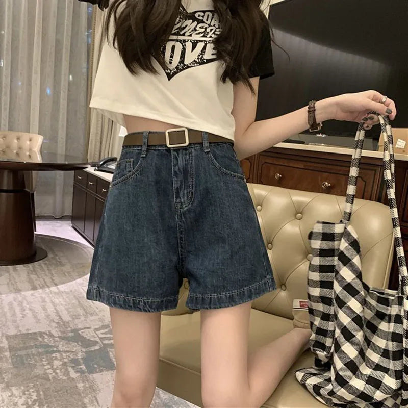 Lucyever High Waist Denim Shorts Women Summer New Washed Retro Jeans Shorts Female Korean Fashion Loose Wide Leg Short Pants - reetell