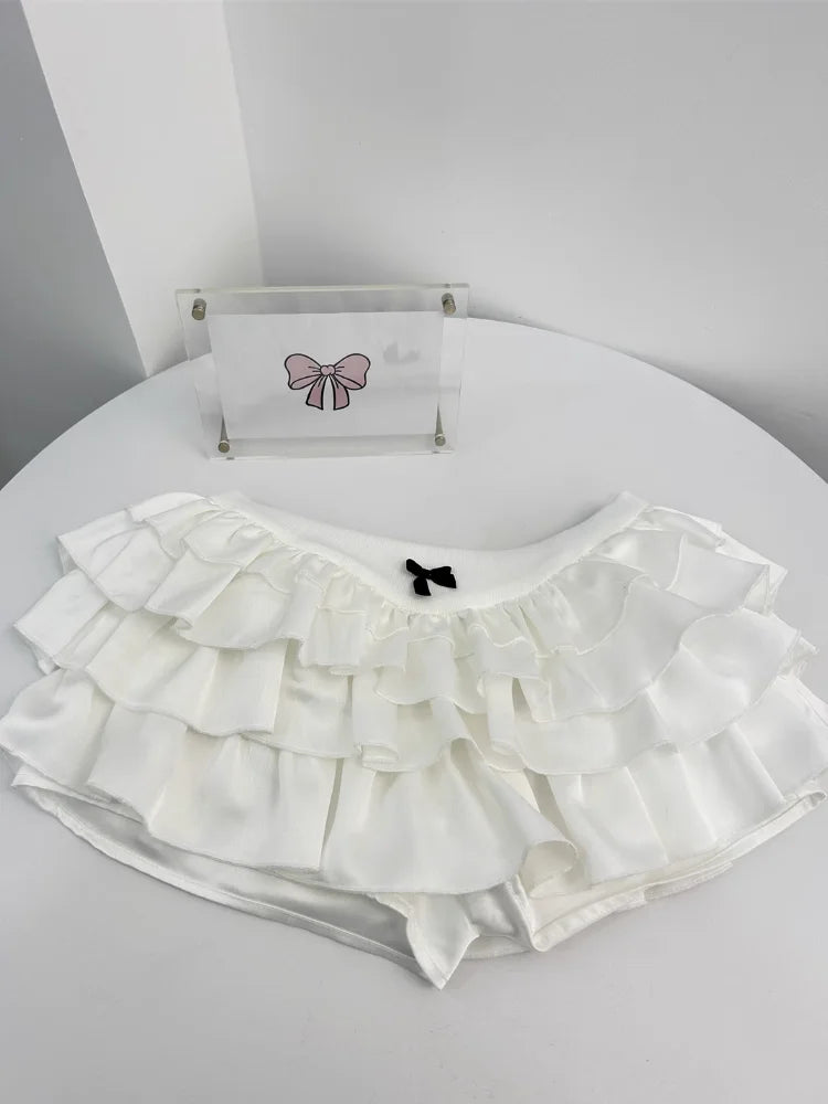 Y2k Kawaii Cute Cake Ruffles White Mini Skirt Women Bow Slim Skirt Elastic Waist Summer A-line Skirt Going Out Party Streetwear - reetell