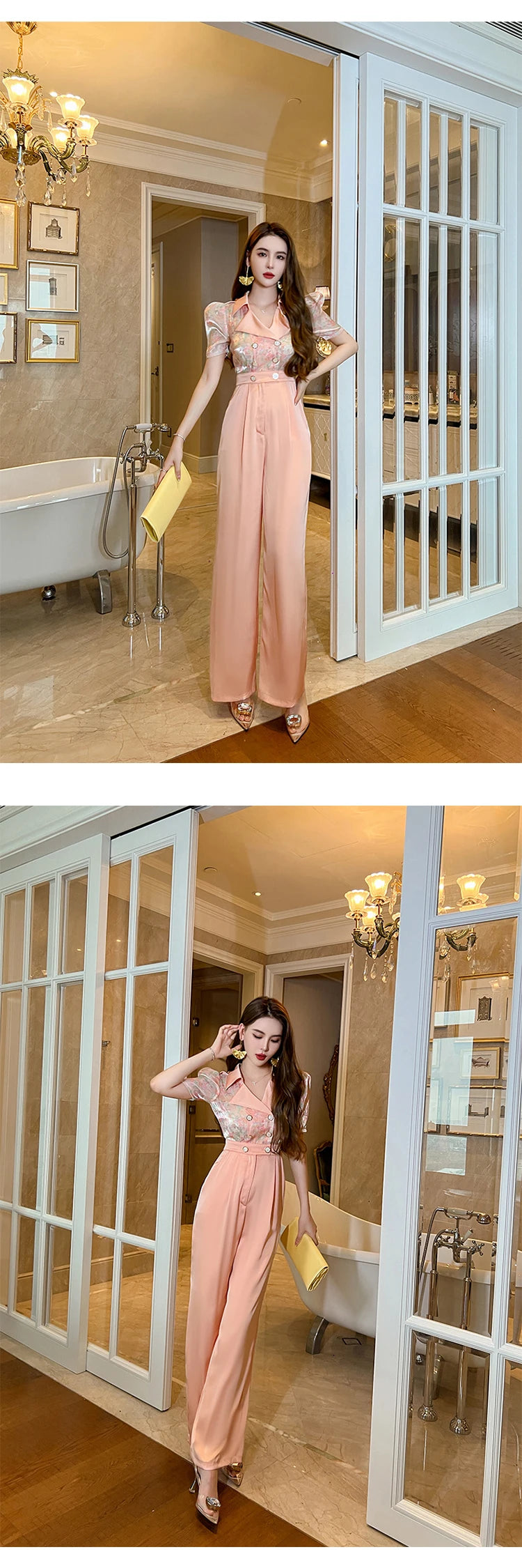 Satin Elegant Office Women Jumpsuits Formal Vintage Floral Puff Sleeve Pocket Party Female Mujer Wide Leg Loose Rompers Summer