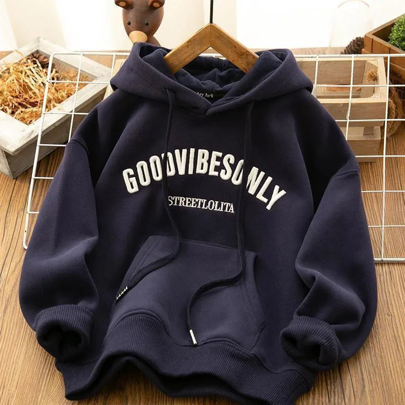 Autumn Winter Thicken Warm Women Hoodie Fashion Letter Print Plus Velvet Sweatshirts Harajuku All-Match Pockets Hooded Pullovers - reetell