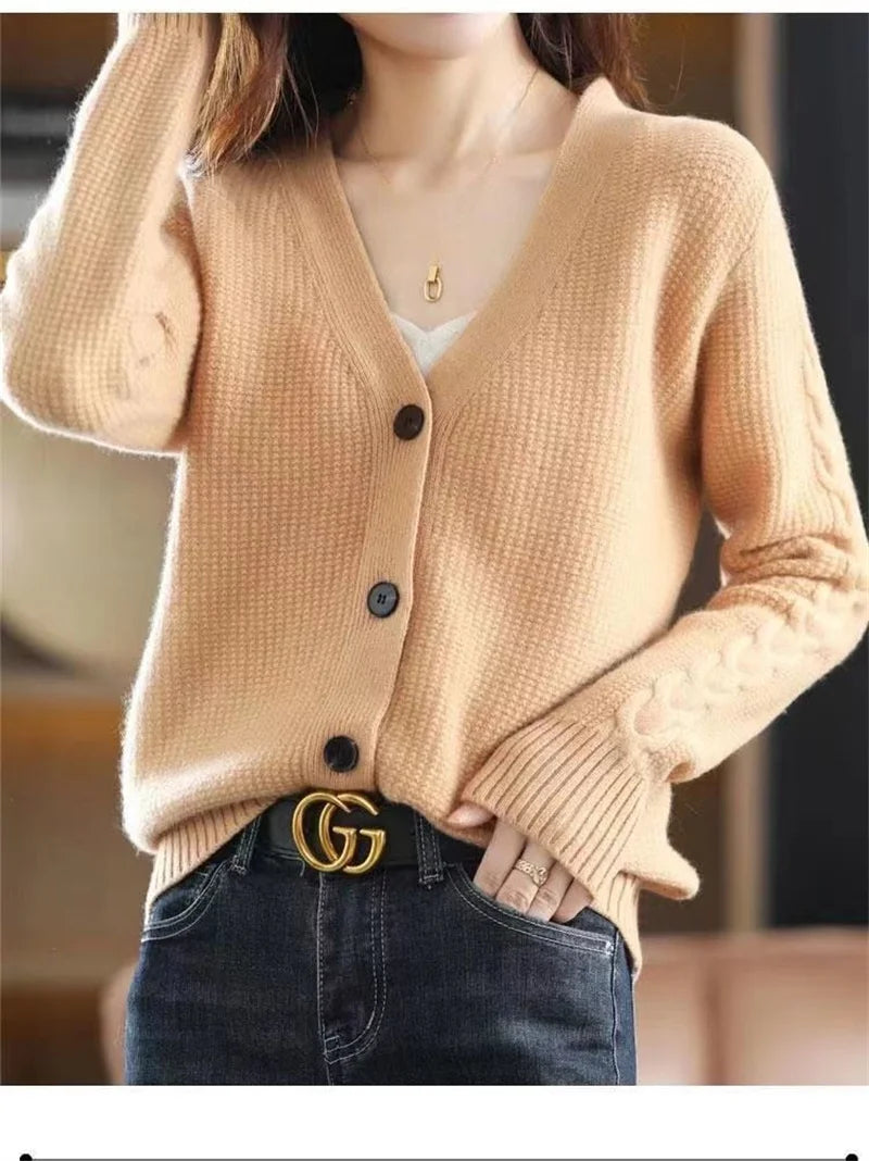 NewFall Fashion V Neck Women Knitted Sweater Cardigan Long Sleeve Soft Slim Sweater Outwear Femlae Solid Casual Knitted Sweater - reetell