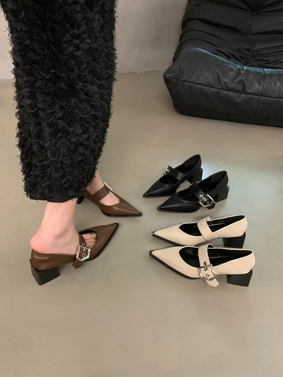 Retro Pointed Mary Jane Small Leather Shoes for Women 2024 Autumn and Winter New Korean Version of Chunky Heel Loafers