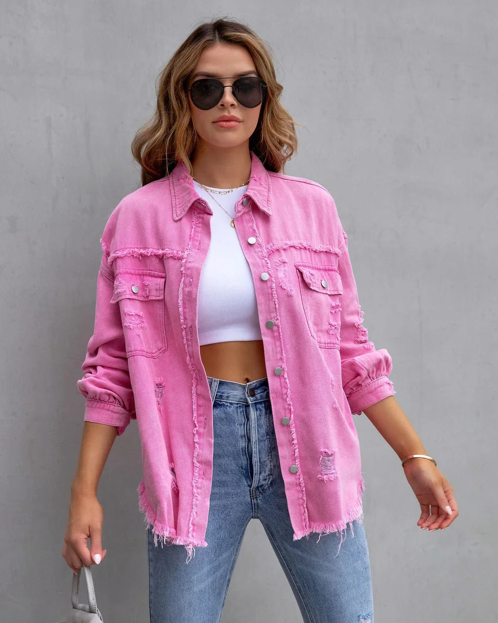 Women's Casual Lapel Mid-length Denim Jacket with Ripped Raw Edges