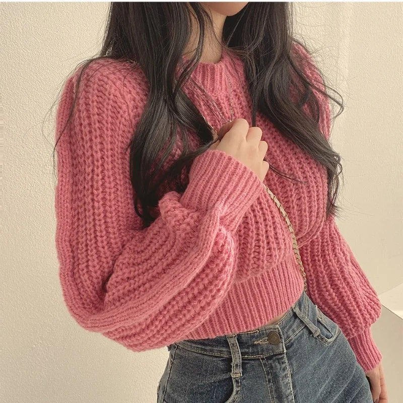 Loose Vintage Harajuku Lantern Long Sleeve Women Sweater Korean Autumn Winter Knitwear Soft Warm Tops Chic Solid Femme Sweater - reetell