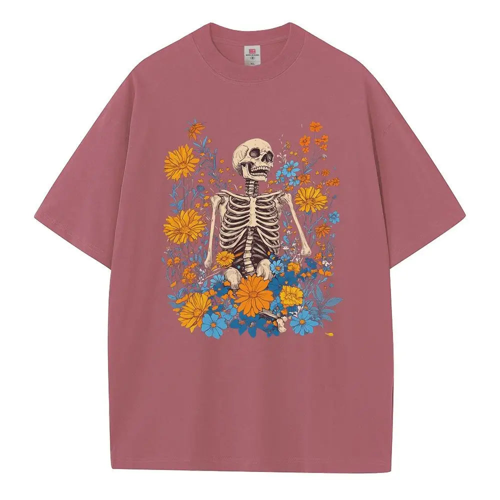 T shirt baggy style pure cotton drop shoulder unisex tops Garden Centre skeleton vintage graphic t shirts breathable print