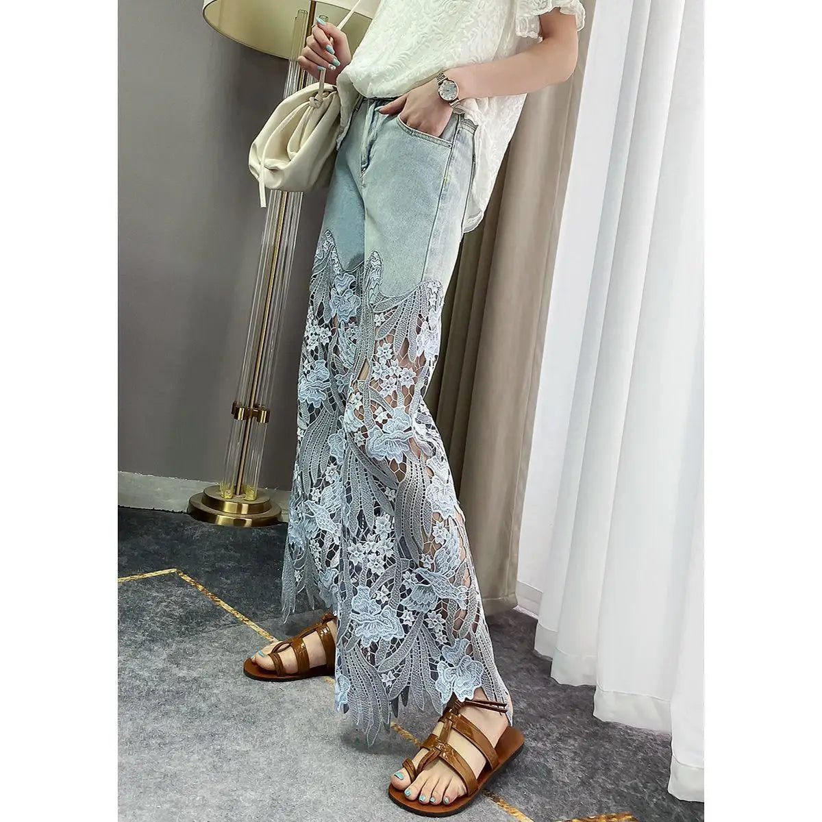 【Choose According To Size Chart】Hollow Out Lace Panel Wide Leg High Waist Blue Jeans Women's Summer Straight Leg Pants - reetell