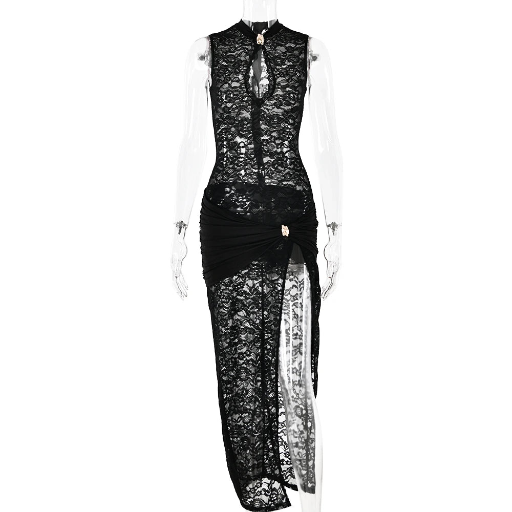 Fantoye Sexy Hollow Out High Slit Lace Women Maxi Dress Black See Through Evening Dress Female Autumn New Elegant Party Clubwear - reetell