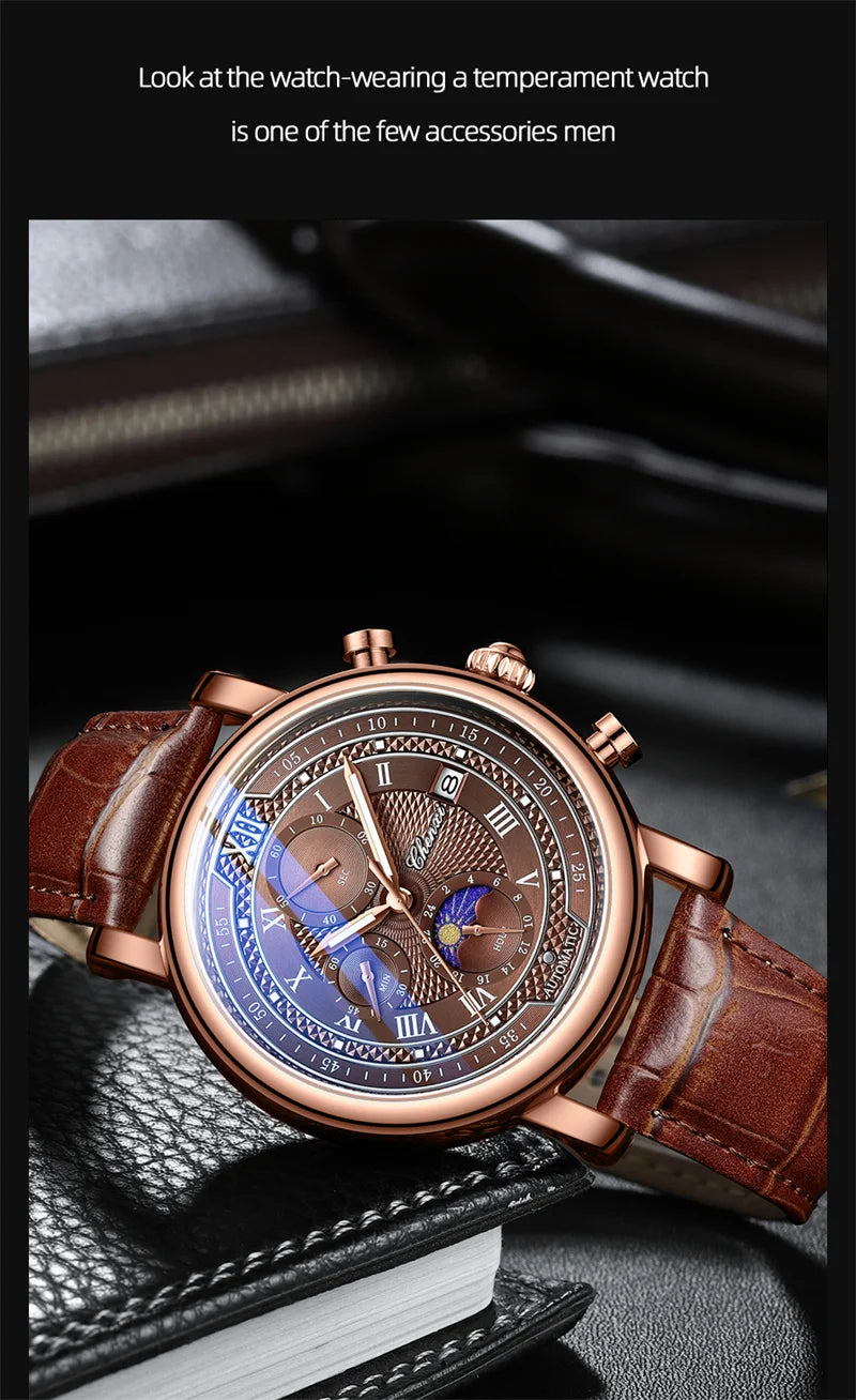 Chenxi 976 Leather Chronograph Date Men's Phase Of The Moon Timing Business Luminous Quartz Watch Relojes para hombres