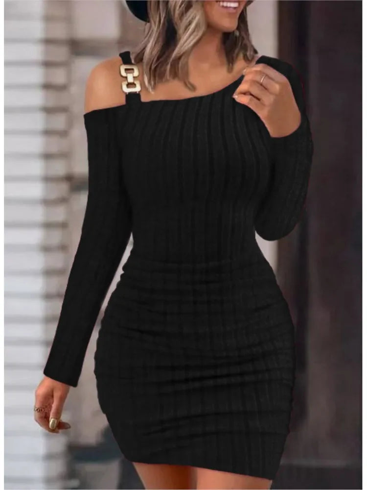 Sexy Chain Off Shoulder Mini Dress Women Autumn Fashion Bodycon Long Sleeve Dresses For Women Winter Skinny Knitted Vestidaos - reetell