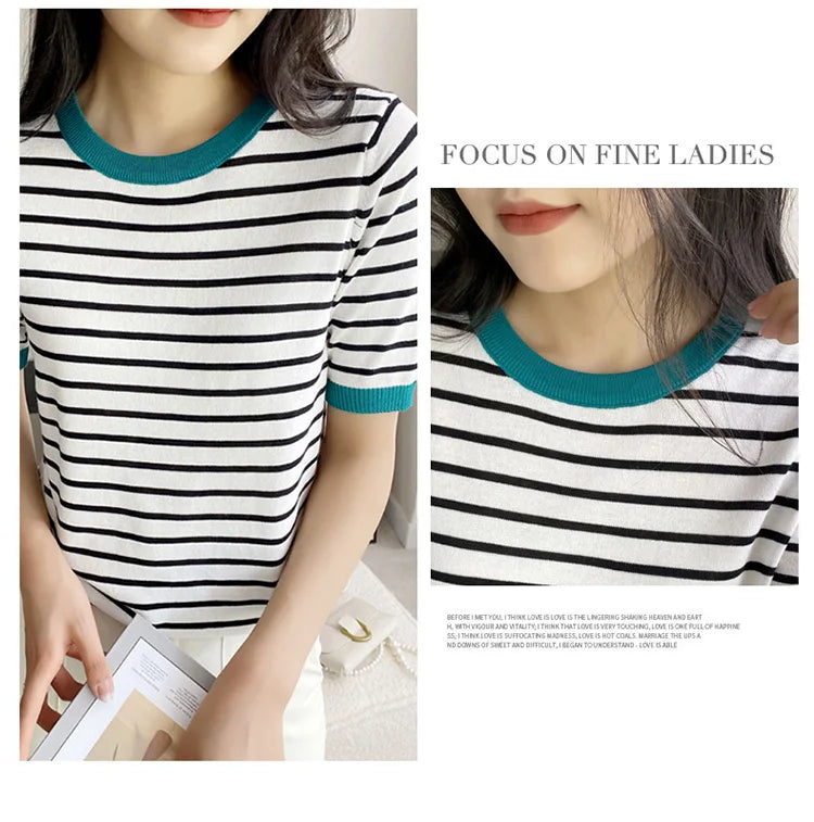 Short Sleeve T-shirts Women Striped Basic Chic Simple All-match Harajuku Retro Cotton O-neck Trendy Loose Leisure Cozy Womens - reetell