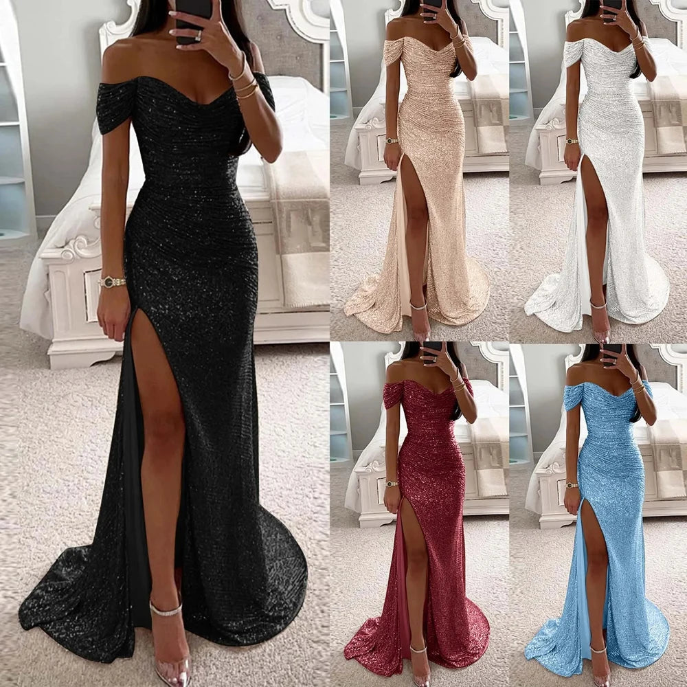 Sequined Mermaid Burgundy Evening Dresses Shiny Sexy High Split Off Shoulder Sweetheart Prom Formal Party Gown Vestido De Fiesta - reetell