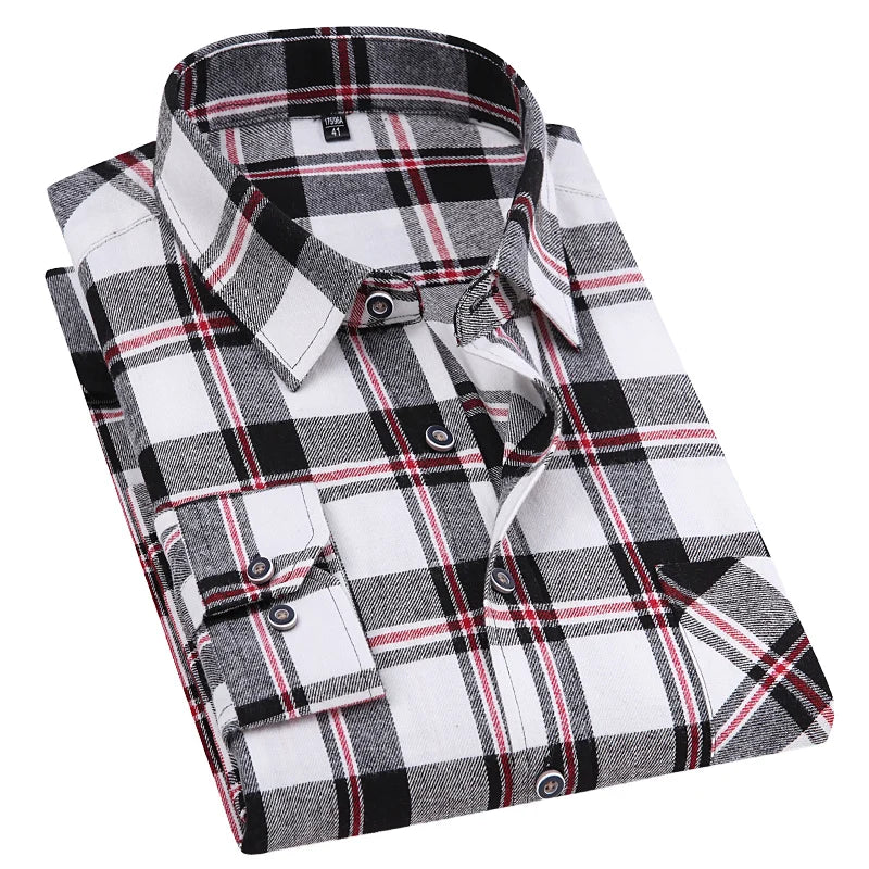 Men Fashion Long Sleeve Brushed Flannel Shirt Single Pocket Comfortable 100% Cotton Casual Slim Fit Button-down Plaid Shirts 8XL - reetell