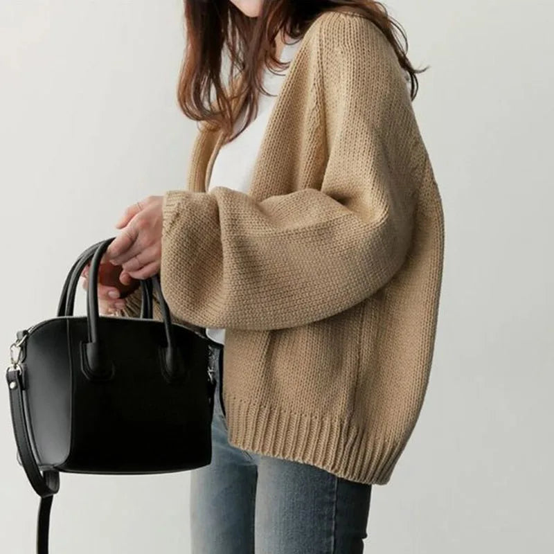 Autumn Winter Loose Women's Cardigan Jacket Solid Color Korean Version Fashion Casual Short Style Knitted Long-Sleeved Cardigan - reetell