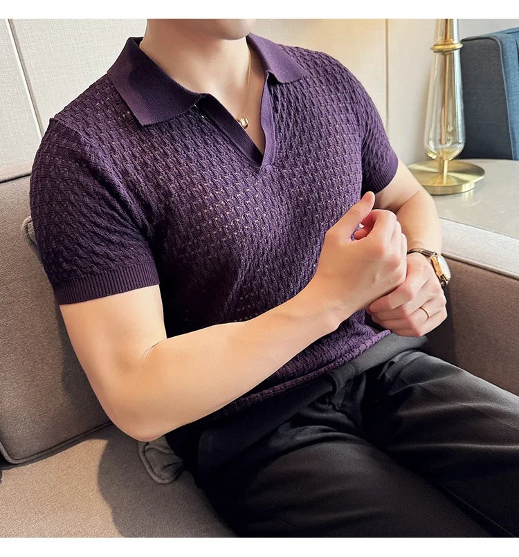 Men's Polo Shirt 2024 Summer New Light and Thin Knitted Hollow Solid Color Casual Short Sleeved V-neck T-shirt Men's Clothing