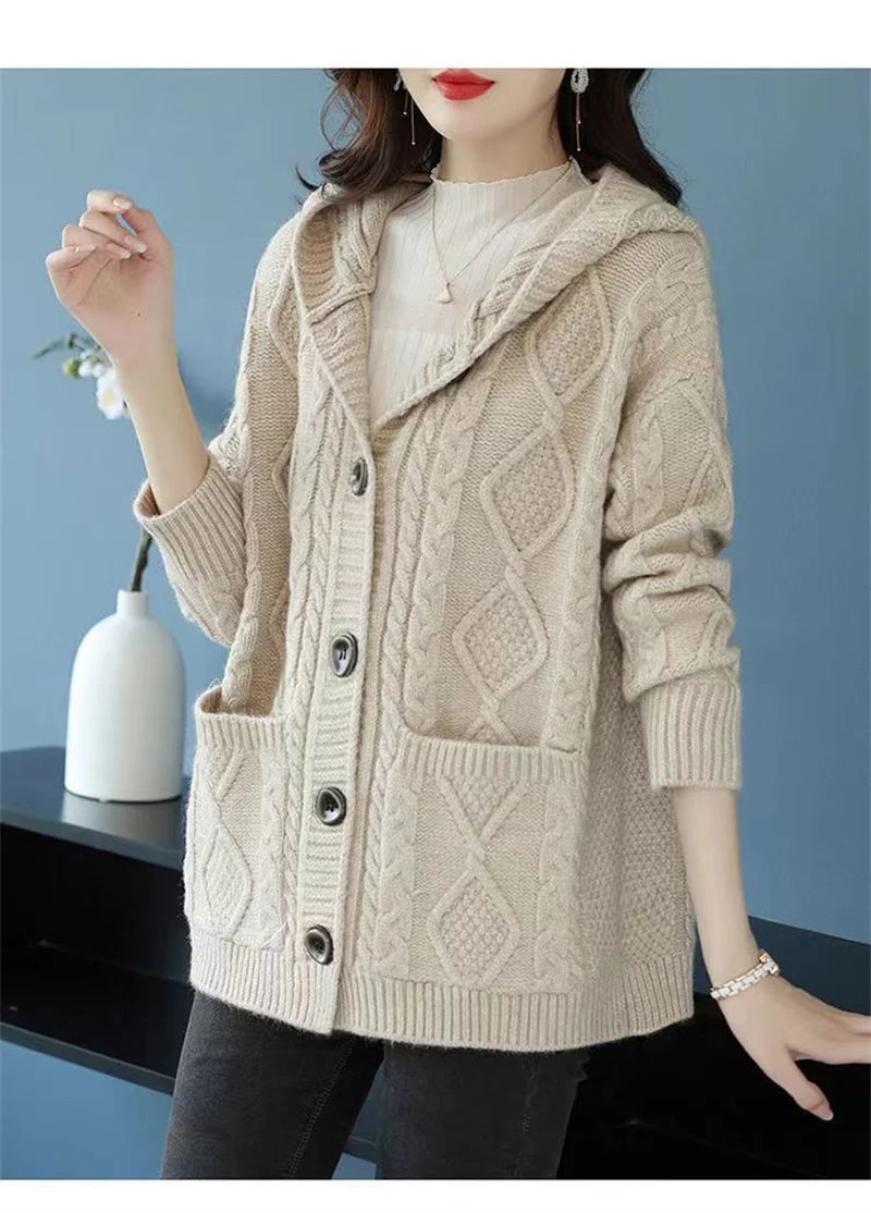 Hooded Sweater Spring And Autumn Mother Sweater Jacket Female Jacket 2023 New Loose Pocket Zipper Knitted Cardigan Mom HoodyCoat - reetell