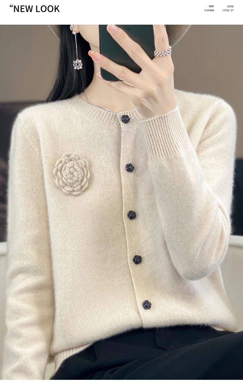 100% Merino Cashmere Sweater Women's Cashmere Cardigan sweater loose solid color autumn and winter comfort top - reetell