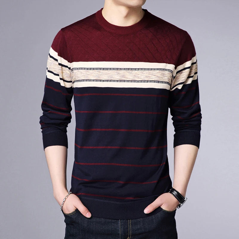 Men's Casual Striped Knit Spring and Autumn Long Sleeved Pullover Fashion Top - reetell