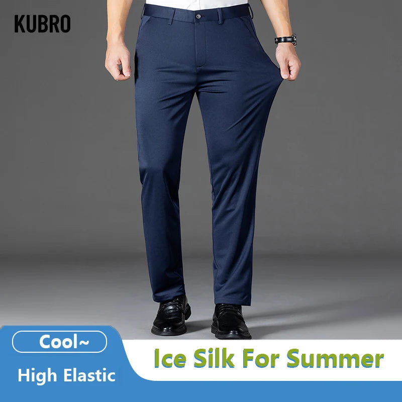 KUBRO Men's Summer Thin Fashion Business Casual Suit Pants Long Pants Men's Elastic Straight Sleeve Formal Pants Plus Size 2024 - reetell