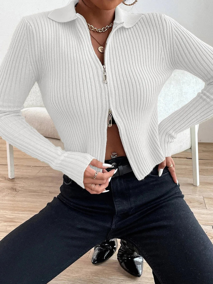 Autumn Winter Women Casual Sexy Double Zipper Fly Rib-knit Crop Cardigan Slim Femme Knitted Long Sleeve Y2K Fashion Sweater Tops - reetell