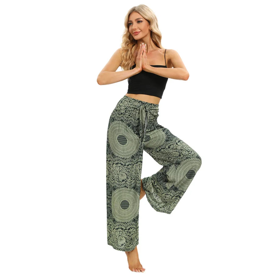 2024 Women Boho Yoga Pants Rayon Vintage Floral Printed Wide Leg Long Trousers Elastic High Waist Female Outside Home Clothes - reetell