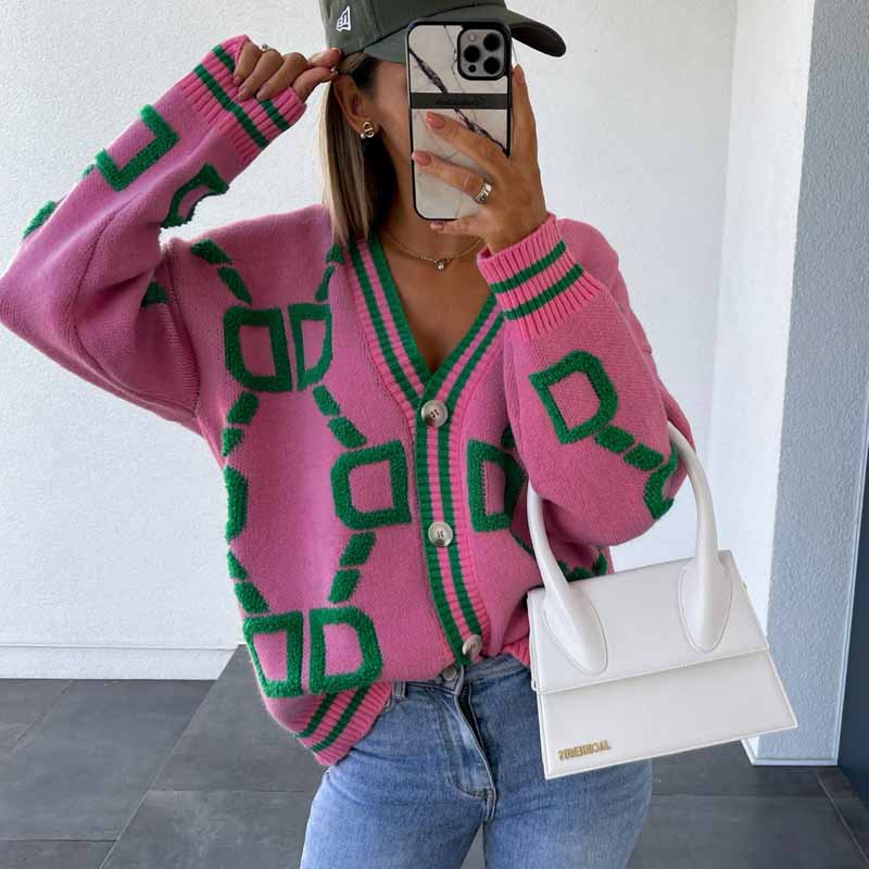 Women Autumn Winter New Loose Knitted Cardigan Casual  V-neck Drop-shoulder Sleeve Sweater Coat Female Chic Crochet Outerwear - reetell