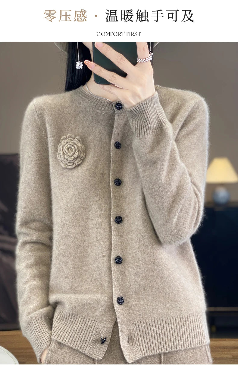 100% Merino Cashmere Sweater Women's Cashmere Cardigan sweater loose solid color autumn and winter comfort top - reetell