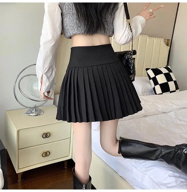 Pleated Skirt New Spring Autumn All-match Buttons Solid Color High Waist A-line Skirt Femme Preppy Style Pleated Trend Skirts - reetell