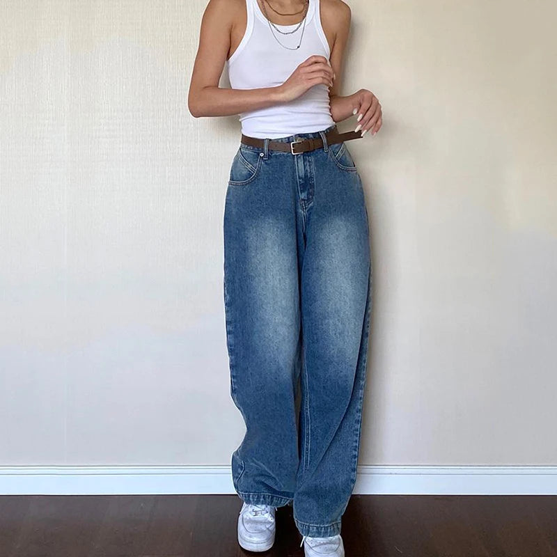 Rimocy 2024 Dark Blue Baggy Jeans Women Grunge Y2K High Waist Wide Leg Denim Trousers Woman Fashion Boyfriend Mom Pants Female - reetell