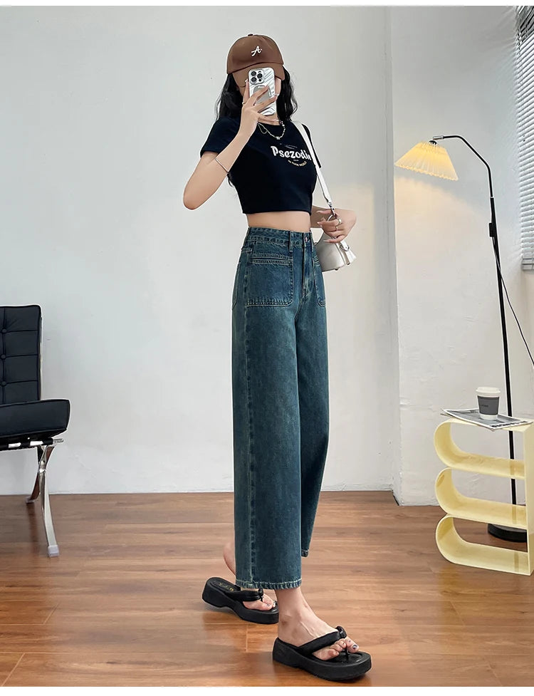 No stretch women jeans new straight leg wide streetwear high waist boyfriend pockets denim trousers cargo pants japanese y2k - reetell