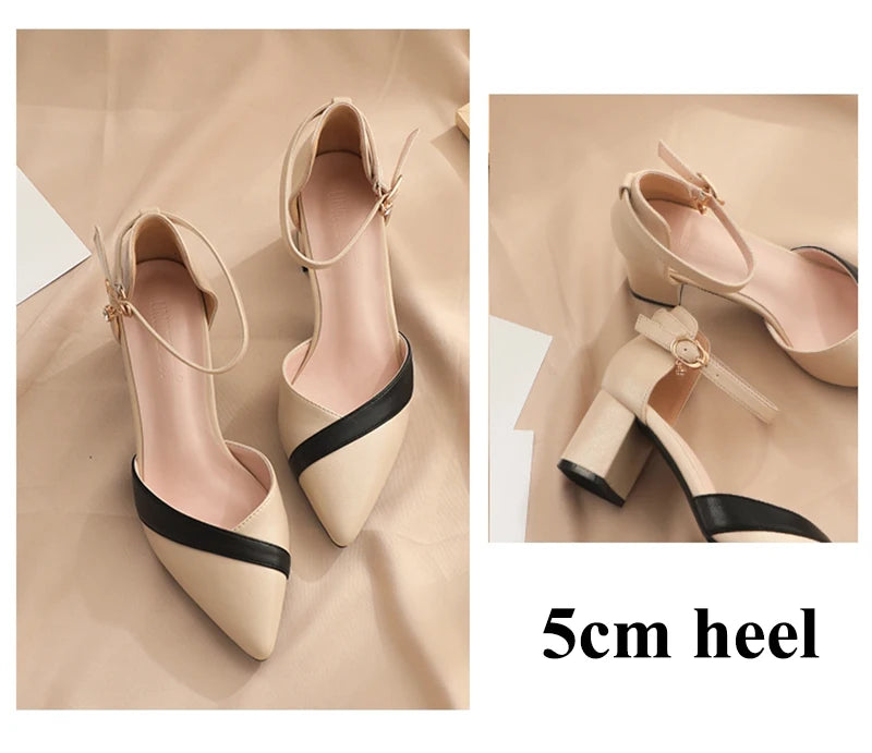 Rimocy Mix Color Med Heels Pumps Women Pointed Toe Ankle Strap High Heels Shoes Woman Pu Leather Patchwork Office Shoes Female