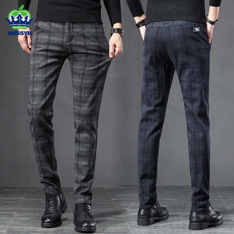 2024 New Spring Autumn England Plaid Work Stretch Pants Men Business Fashion Slim Grey Blue Casual Pant Male Brand Trousers 38 - reetell