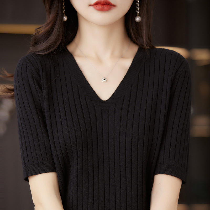 Women Sweater Short Sleeve V-neck Stripe Knitwears Slim Fit Shirt Korean Fashion Pullovers Thin Knit Tops 2024 Bottoming Shirts - reetell