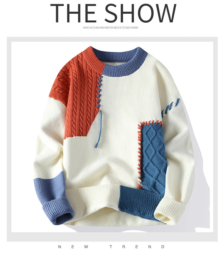 2024 Autumn Winter Warm Sweaters Patchwork Pullovers Korean Style Round Neck Knitted Sweater Men Women Fashion Knitwear - reetell