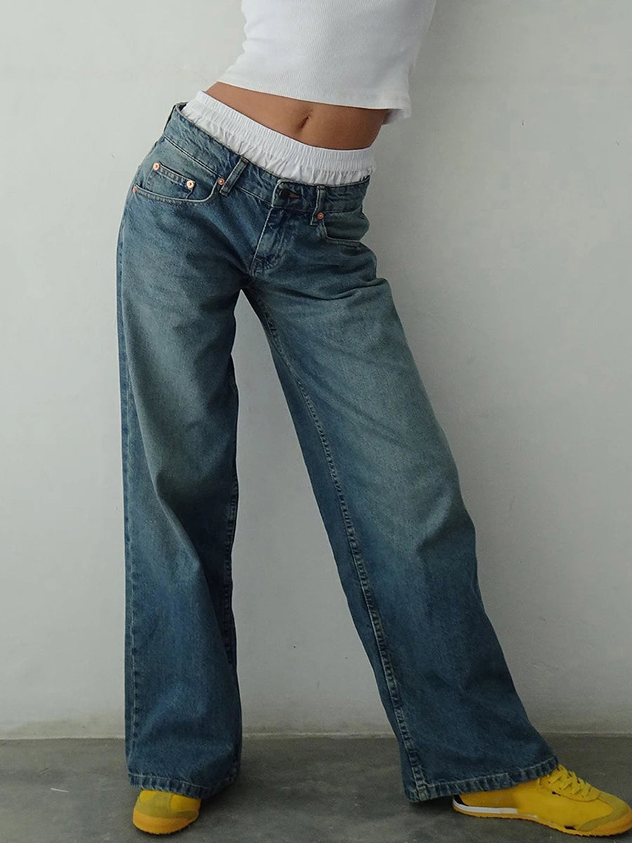 Y2k Vintage Low Rise Jeans for Women Jeans Wide Straight Leg Baggy Jeans Boyfriend Denim Pants with Pocket Streetwear - reetell