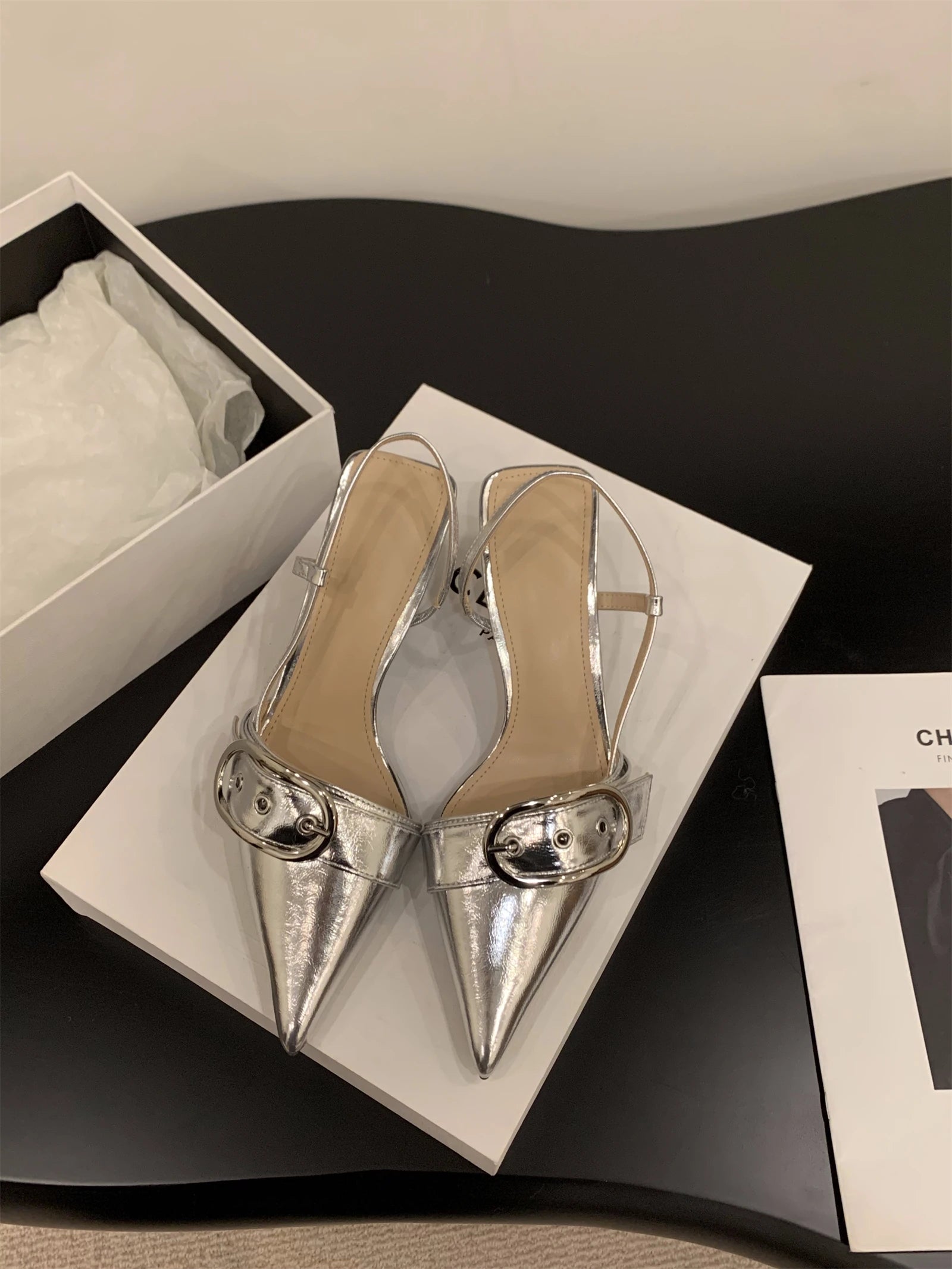 Punk Goth Metal Buckle High Heels Sandals Women 2024 Summer Pointed Toe Silver Party Shoes Woman Korean Style Thin Heels Sandals