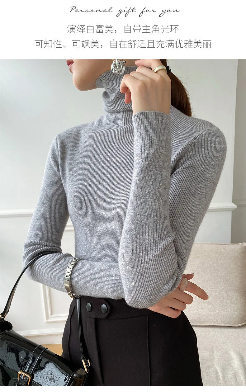 Women Sweater Winter Cashmere Turtleneck Warm Knitwear Korean Casual Solid Bottoming Shirt Fashion Knit Pullovers Brown Sweater - reetell