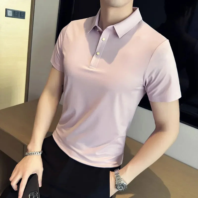 Ice Silk Traceless T-shirt Men's  Business Casual Solid Color Half Sleeve High Elasticity Top Silk Smooth Breathable POLO Shirt