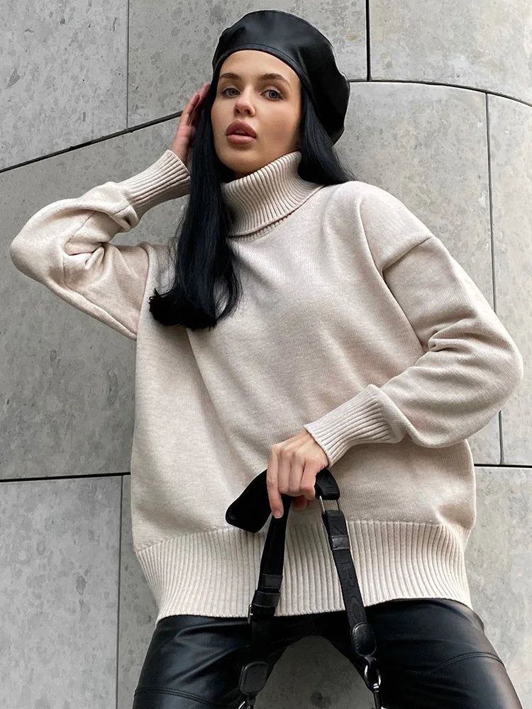 Women's Thick Sweaters Oversize Turtleneck Women Winter Warm White Pullovers Knitted High Neck Oversized Sweater For Women Tops - reetell