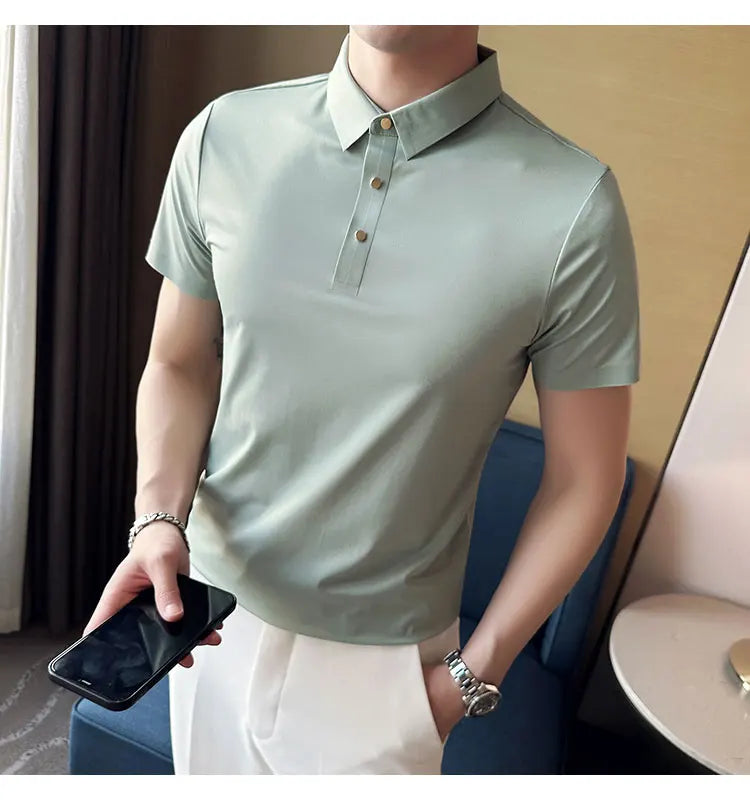 Ice Silk Traceless T-shirt Men's  Business Casual Solid Color Half Sleeve High Elasticity Top Silk Smooth Breathable POLO Shirt