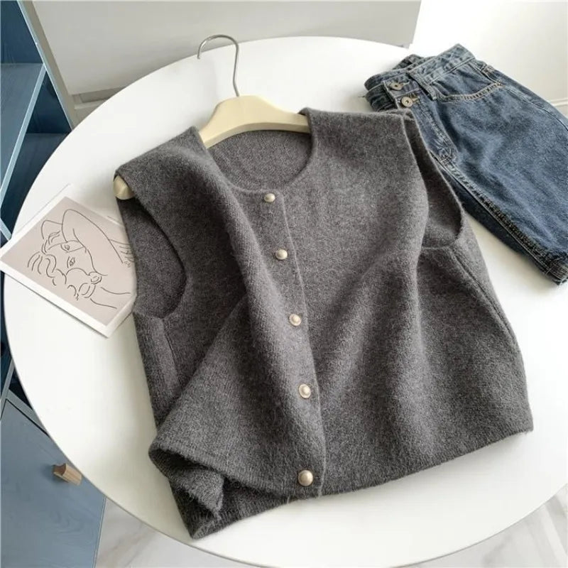 Spring Autumn Women's Solid Button V-Neck Sleeveless Sweater Knitted Cardigan Vest Coats Casual Fashion Office Lady Elegant Tops - reetell