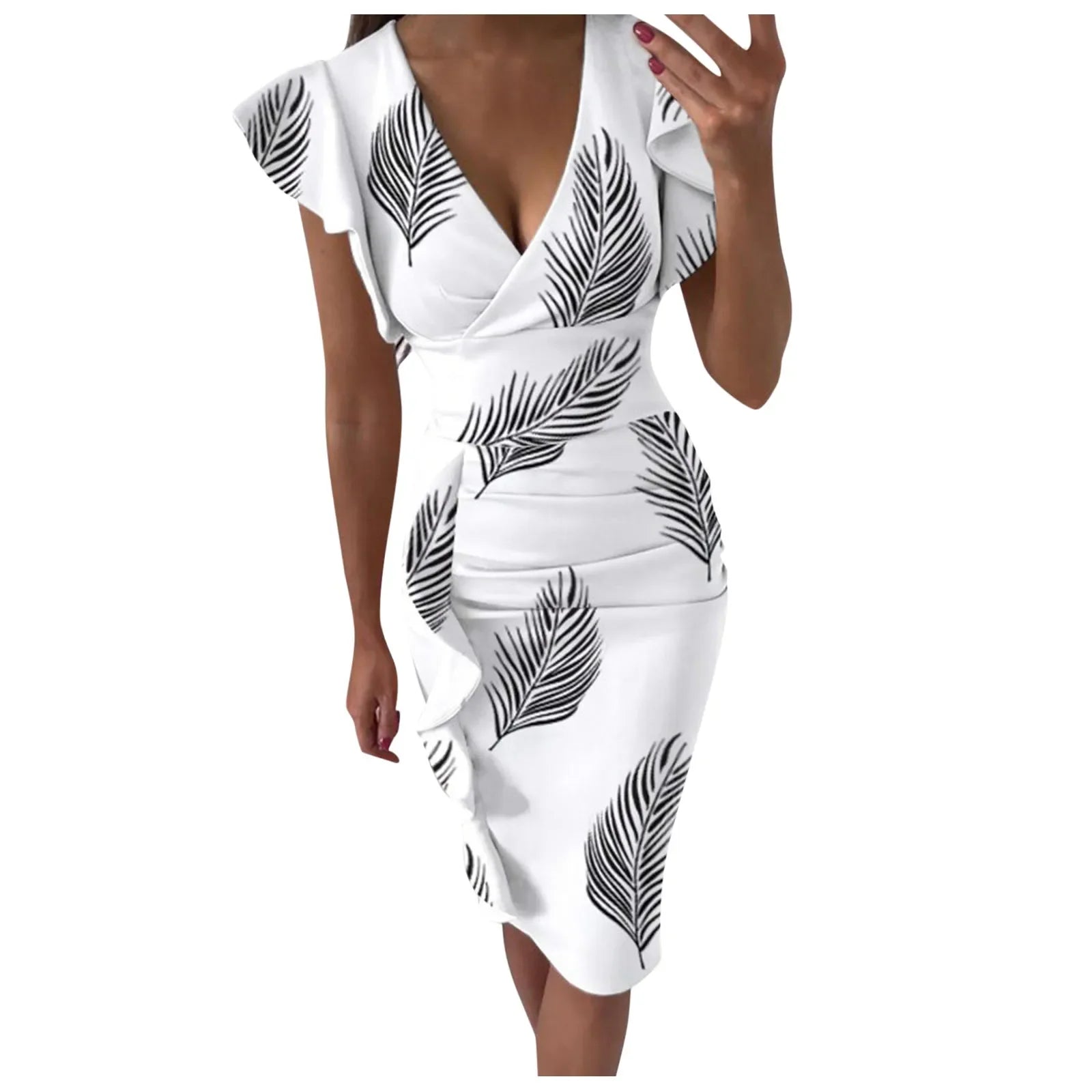 2023 New Fashion Dress Women's Clothing V-Neck Elegant Slim Print Pleated Ruffles Dresses Office Lady Package Hip Female Dress - reetell