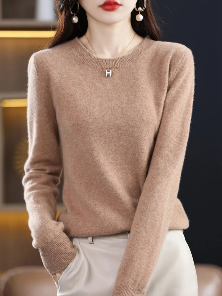 100% Merino Wool Sweater Women  Cashmere Pullover Knitwear Autumn Winter O-neck Solid Color Fashion Basic Female Clothes Tops - reetell